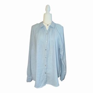 Laura Ashley Linen Blend Button Front Blouse XL Blue Relaxed Cottagecore Top